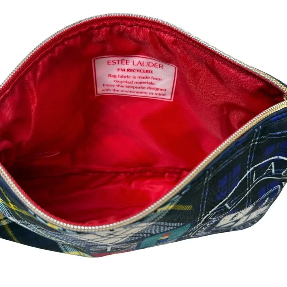 ESTEE LAUDER Preppy Plaid Cosmetic Bag Fabric Zip Pouch NWOT